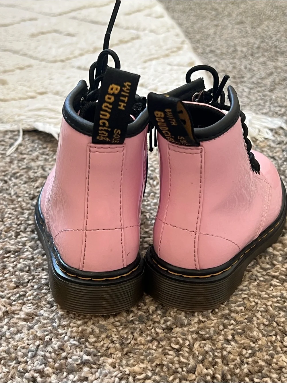 Dr. Martens Pink Patent Kids Lace-Up Boots with Black Trim